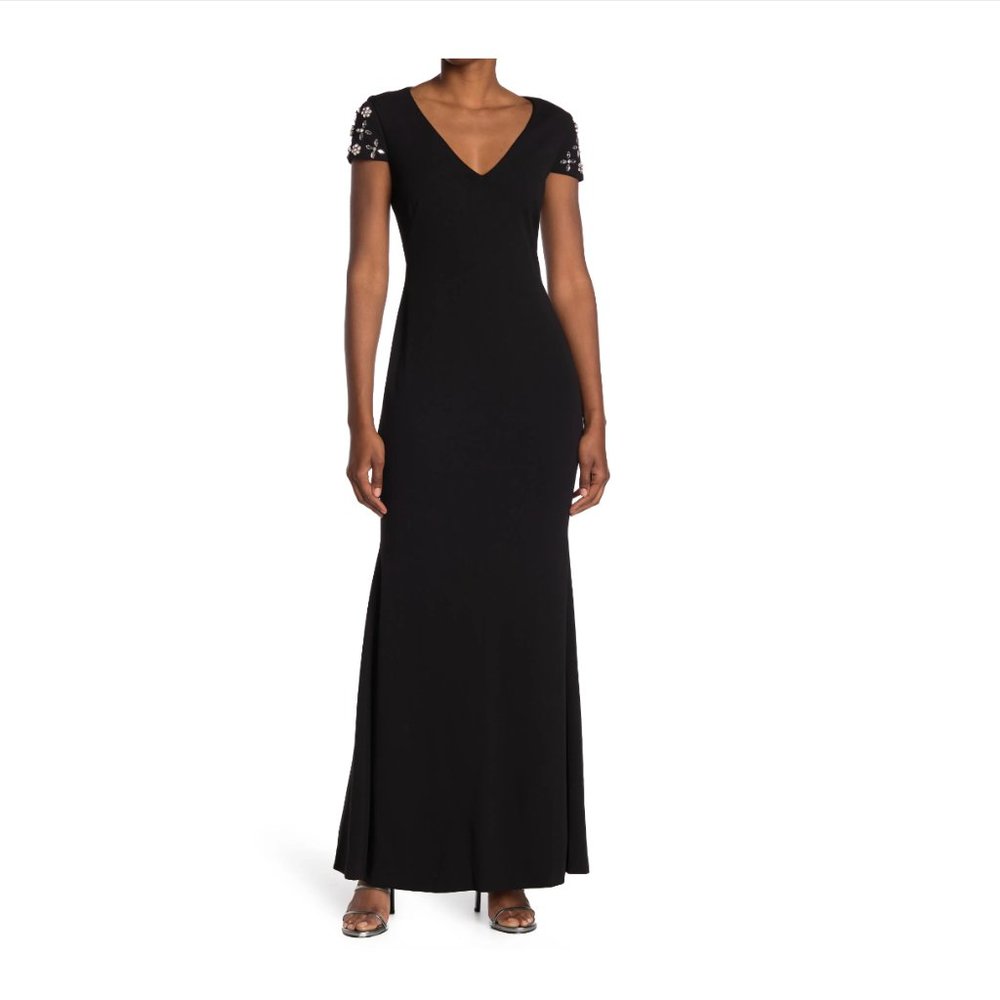 CALVIN KLEIN V-neck Cap Sleeve Bling Gown In Black